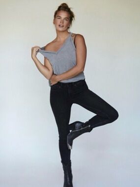 Free People CRVY Mid Rise Destroyed Skinny Jeans Graphite Grey Size 25 Stretch